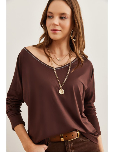 Olalook Women's Bitter Brown V-Neck Viscose Blouse with Silver Stitching Detail Blz- 19002747