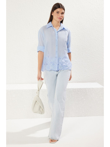 Trendyol Light Blue Collar and Hem with Embroidered Brode Detail Regular Regular Pattern Woven Shirt