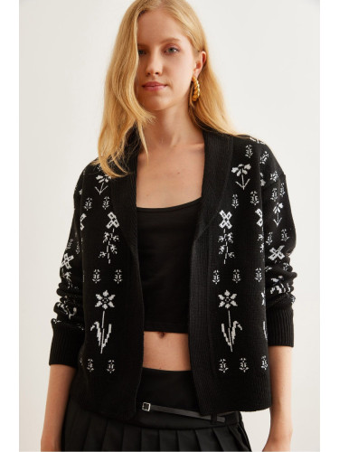 Olalook Women's Black Floral Patterned Shawl Collar Knitwear Cardigan