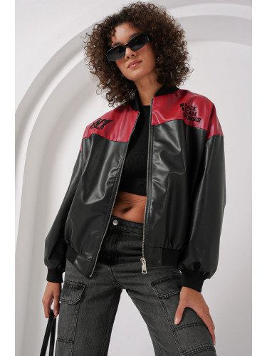 Bigdart 0698 Printed Faux Leather Bomber Jacket - Claret Red