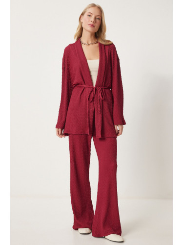 Happiness İstanbul Women's Burgundy Textured Knitted Kimono Trouser Set