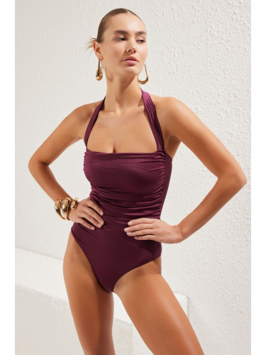 Trendyol Plum Strapless Draped Swimsuit