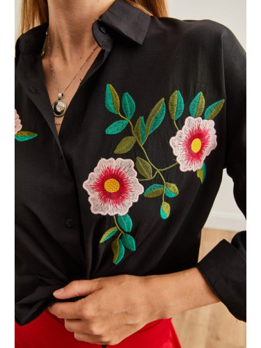 Olalook Women's Azalea Black Embroidery Detailed Oversize Woven Shirt