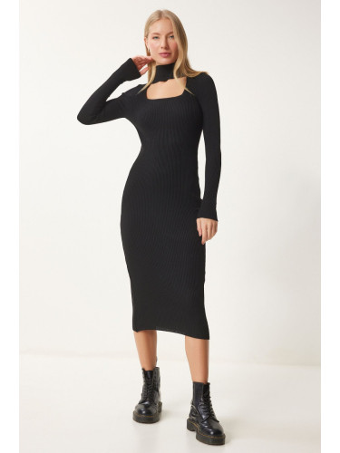 Happiness İstanbul Women's Black Cut Out Detailed Stand Collar Ribbed Knit Dress