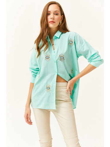 Olalook Women's Aqua Green Sequin Detailed Woven Boyfriend Shirt