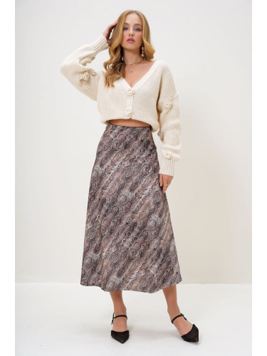 Trend Alaçatı Stili Women's Brown-Ecru Patterned Maxi Length Satin Skirt with Hidden Elastic Waist