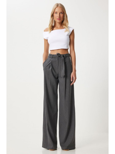 Happiness İstanbul Women's Anthracite Thin Striped Belted Wide Leg Trousers