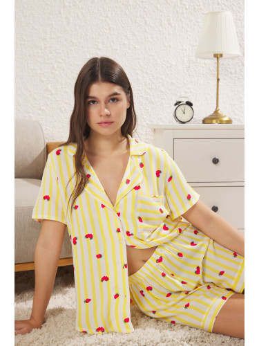 Trendyol Yellow Striped and Strawberry Patterned Viscose Woven Pajama Set