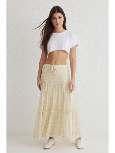 Trendyol Light Yellow Tulle Floral Printed Gathered/Draped Detail Flexible Skirt