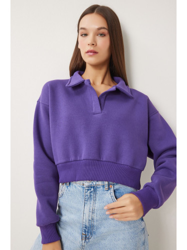 Happiness İstanbul Women's Purple Polo Collar Raised Crop Knitted Sweatshirt