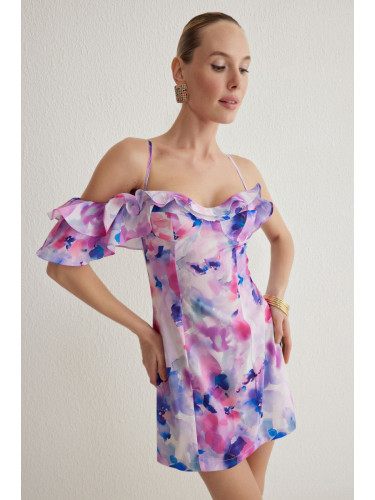 Trendyol Multicolored Bodycon Frilled Floral Patterned Woven Short Elegant Dress