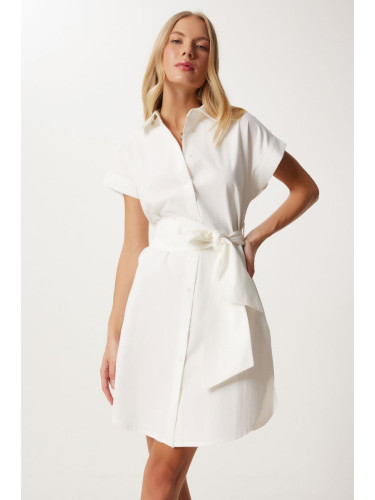 Happiness İstanbul Women's Ecru Belted Poplin Shirt Dress