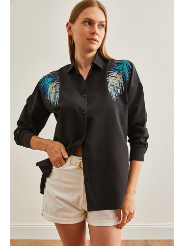 Olalook Women's Black Leaf Sequin Detailed Woven Shirt