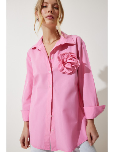 Happiness İstanbul Women's Pink Premium Flower Brooch Detailed Shirt