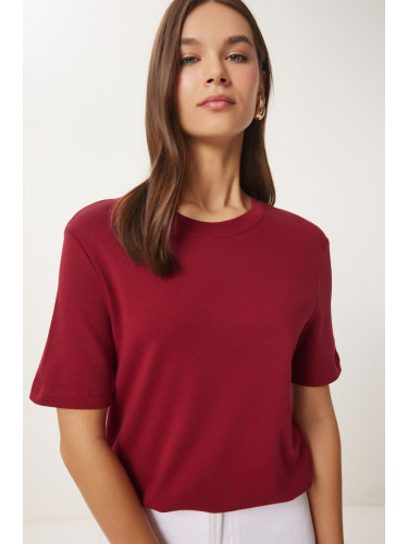 Happiness İstanbul Women's Burgundy Cotton Basic Knitted T-Shirt