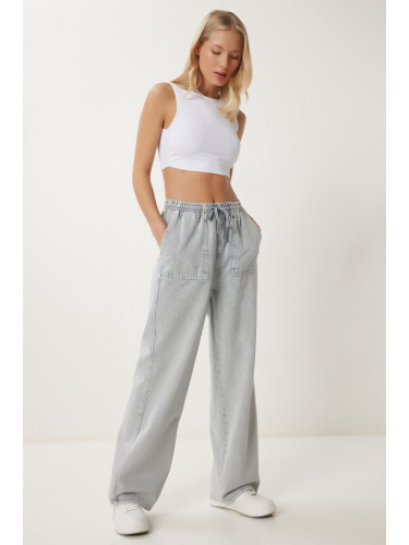 Happiness İstanbul Women's Gray Pale Effect Wide Leg Denim Palazzo Trousers