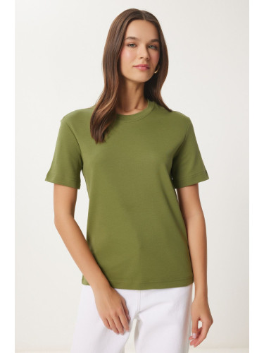 Happiness İstanbul Women's Green Cotton Basic Knitted T-Shirt