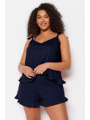 Trendyol Curve Navy Blue Strap Knitted Ruffle Detail Pajama Set