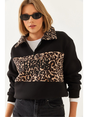 Bianco Lucci Women's Collar and Front Leopard Garnish Sweatshirt 6426