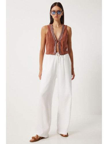 Happiness İstanbul Women's White Muslin Palazzo Trousers