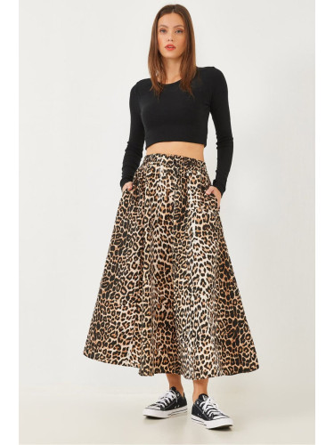 Bianco Lucci Women's Leopard Patterned Pocket Detailed Elastic Waist Parachute Balloon Skirt