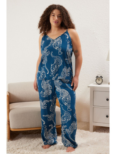 Trendyol Curve Navy Blue Tiger Patterned Rope Strap Viscose Woven Pajama Set