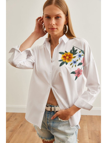 Olalook Women's Floral White Embroidery Detailed Oversize Woven Shirt