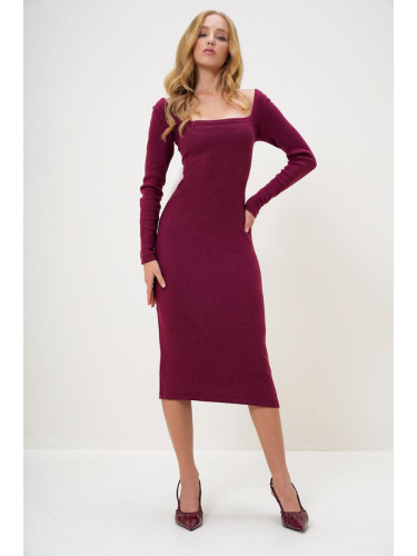 Trend Alaçatı Stili Women's Burgundy Square Neck Long Sleeve Midi Length Interlock Fabric Dress