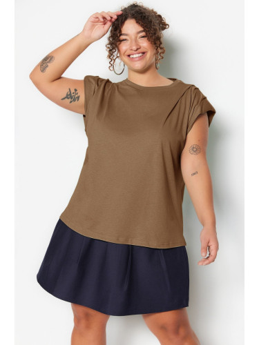 Trendyol Curve Camel Crew Neck Basic 100% Cotton Knitted Plus Size Blouse