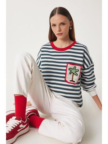 Happiness İstanbul Women's Ecru Green Knit Pocket Striped Raised Knit Sweatshirt