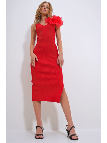 Trend Alaçatı Stili Women's Red V-Neck Rose Accessory Knitwear Midi Length Dress