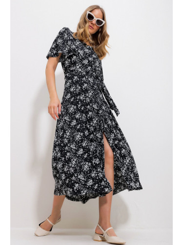 Trend Alaçatı Stili Women's Black Floral Patterned Buttoned Midi Length Dress