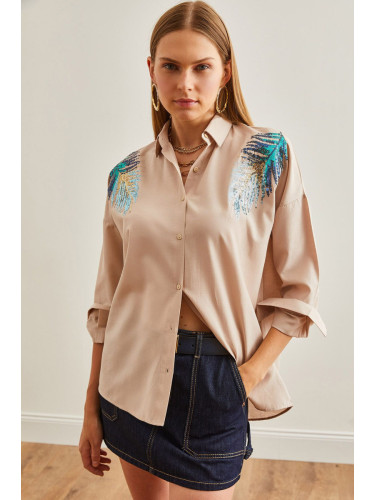 Olalook Women's Beige Leaf Sequin Detailed Woven Shirt