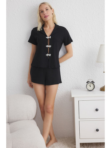 Trendyol Black Solid Buttoned Camisole Knitted Pajama Set