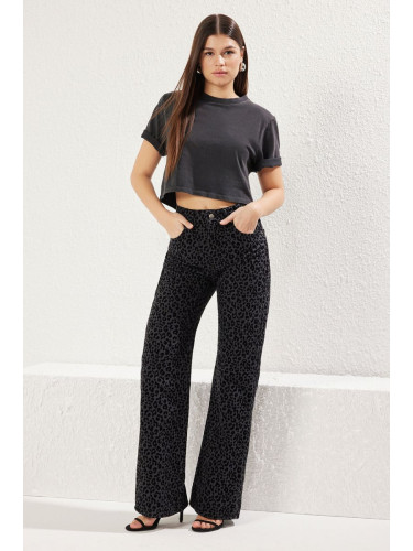 Trendyol Black Suede Look Leopard Patterned High Waist Wide Leg Jeans