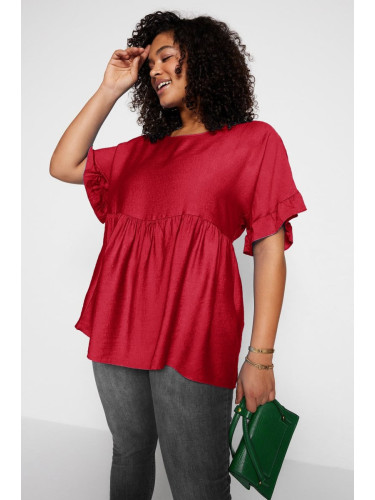 Trendyol Curve Red Short Sleeve Woven Flounce Plus Size Blouse