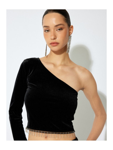 Koton Slim Fit Long Sleeve Rhinestone One Shoulder Velvet Bodysuit