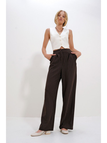 Trend Alaçatı Stili Women's Dark Brown Double Pocket Striped Palazzo Pants