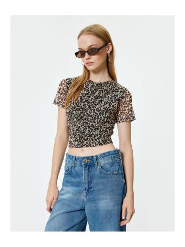 Koton Chiffon Blouse Leopard Patterned Short Sleeve Gathered Crew Neck