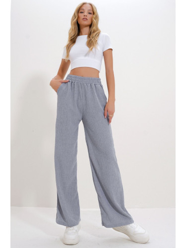 Trend Alaçatı Stili Women's Grey High Waist Elastic Wide Leg Trousers