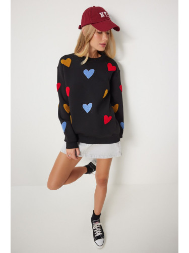 Happiness İstanbul Women's Black Heart Textured Raised Knit Sweatshirt