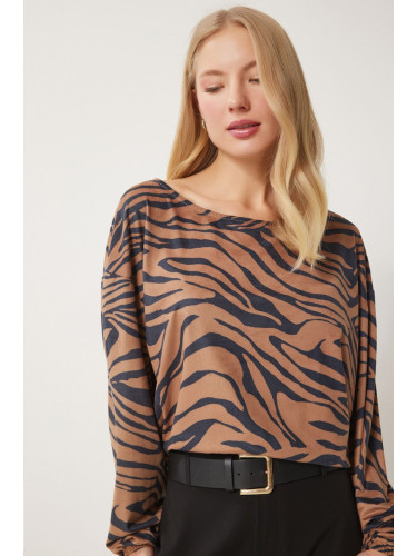 Happiness İstanbul Women's Black Beige Zebra Patterned Suede Blouse