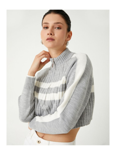 Koton Half Zipper Stand Collar Long Sleeve Striped Crop Sweater