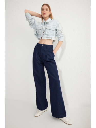 Trendyol Dark Blue Pleated High Waist Wide Leg Jeans