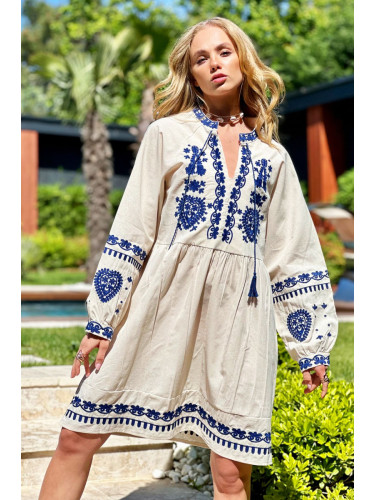 Trend Alaçatı Stili Women's Stone V-Neck Embroidered Raw Linen Dress