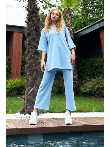 Trend Alaçatı Stili Women's Blue Slit Boyfriend T-Shirt and Trousers Interlock Set