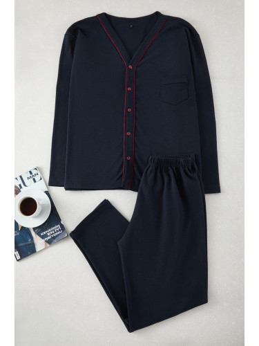 Trendyol Navy Blue Buttoned Knitted Pajama Set