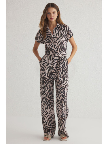 Trendyol Multicolored Belted Abstract Patterned Elastic Waist Viscose Woven Overalls with Contents