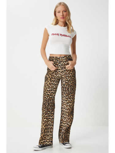 Happiness İstanbul Women's Black Beige Leopard Patterned Straight Jeans