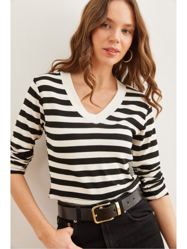 Olalook Women's Thick Striped Black V Neck Soft Touch Flexible Blouse